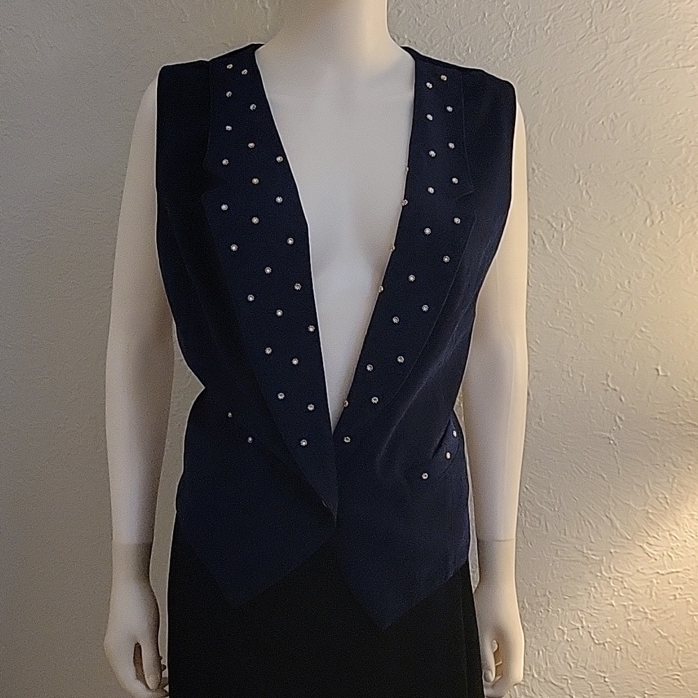VTG REGAL Navy Blue Gold Studded Collared One Button Waistcoat Vest - Picture 3 of 11